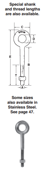 Special shank, Thread Lengths and other sizes of Eye bolts